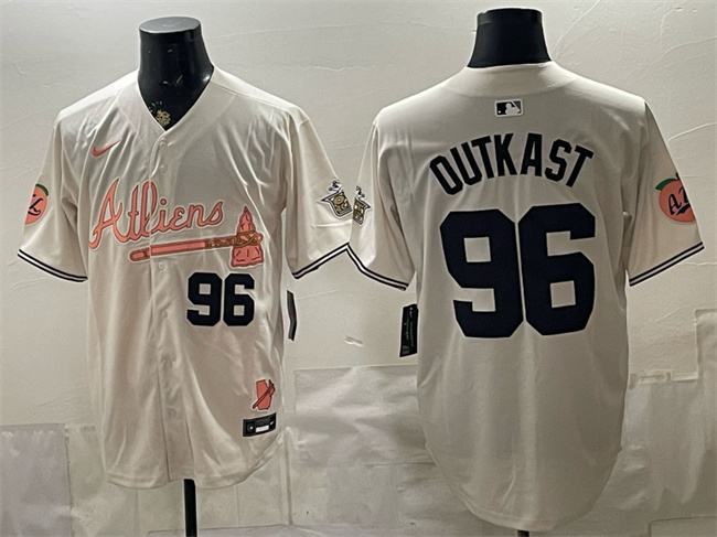 Men's Atlanta Braves #96 OutKast Cream 2024 Atliens & Peach With Outkast Patch Vapor Limited Stitched Baseball Jersey Men's Atlanta Braves #96 OutKast Cream 2024 Atliens & Peach With Outkast Patch Vapor Limited Stitched Baseball Jersey